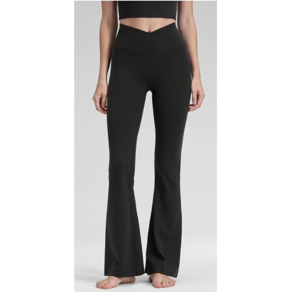 AYM Studio Black Flare Leggings V Waist High Rise Yoga Pants Bamboo Stretch